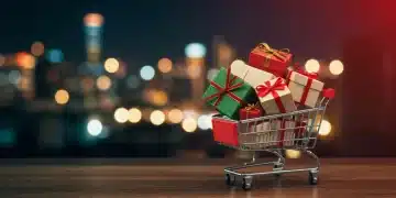 Digital shopping cart filled with holiday gifts, representing 2025 ecommerce trends.