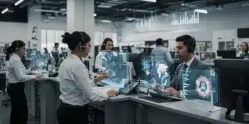AI-powered customer service agents assisting online shoppers, showcasing efficiency and cost savings in a modern US retail setting.