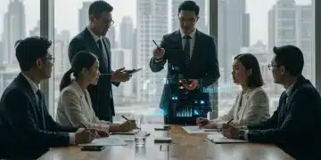 Business professionals negotiating B2B sales in a modern conference room, focusing on deal value growth.