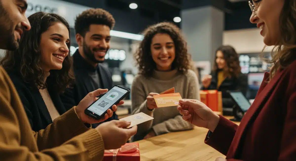 Consumers using gift cards in a festive retail environment, symbolizing successful holiday transactions.