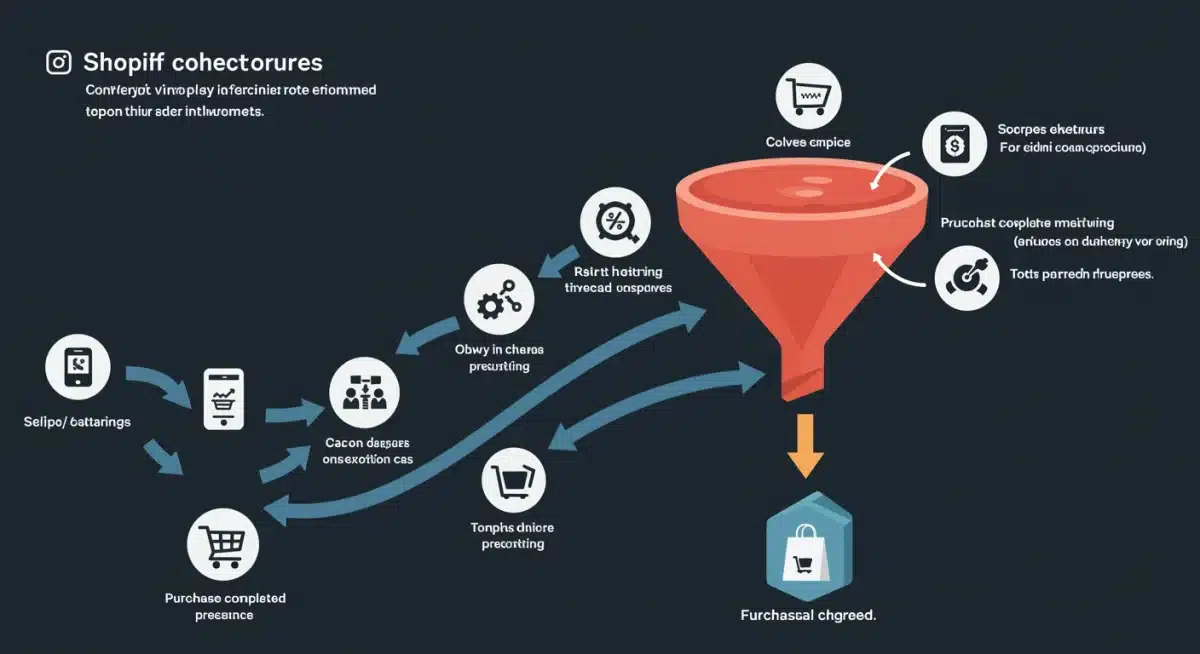Infographic illustrating a conversion funnel with new Shopify checkout features leading to a 15% conversion boost.
