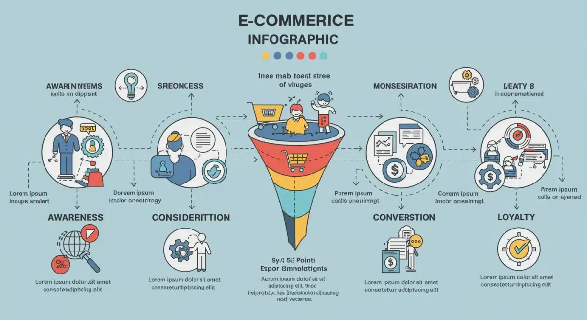 Detailed customer journey stages in an e-commerce sales funnel infographic