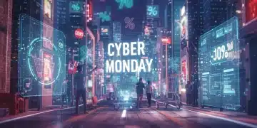 Futuristic cityscape with shopping carts and holographic displays for Cyber Monday 2025 sales strategies.