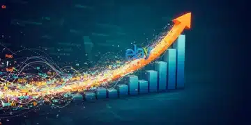 Illustration of fast financial data flow with eBay logo and analytical charts.