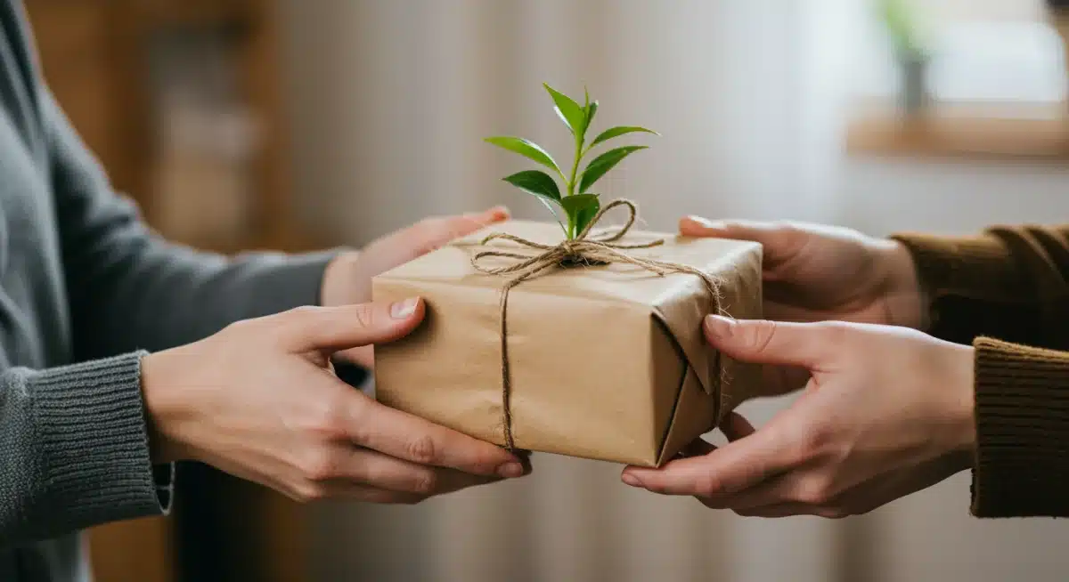 Hands exchanging a gift wrapped in recycled paper with a plant, symbolizing sustainable gifting practices.