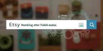 Illustration of Etsy search bar with gears and abstract data flow representing 2025 ranking factors