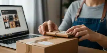 Crafter packaging handmade item with Etsy policies on screen