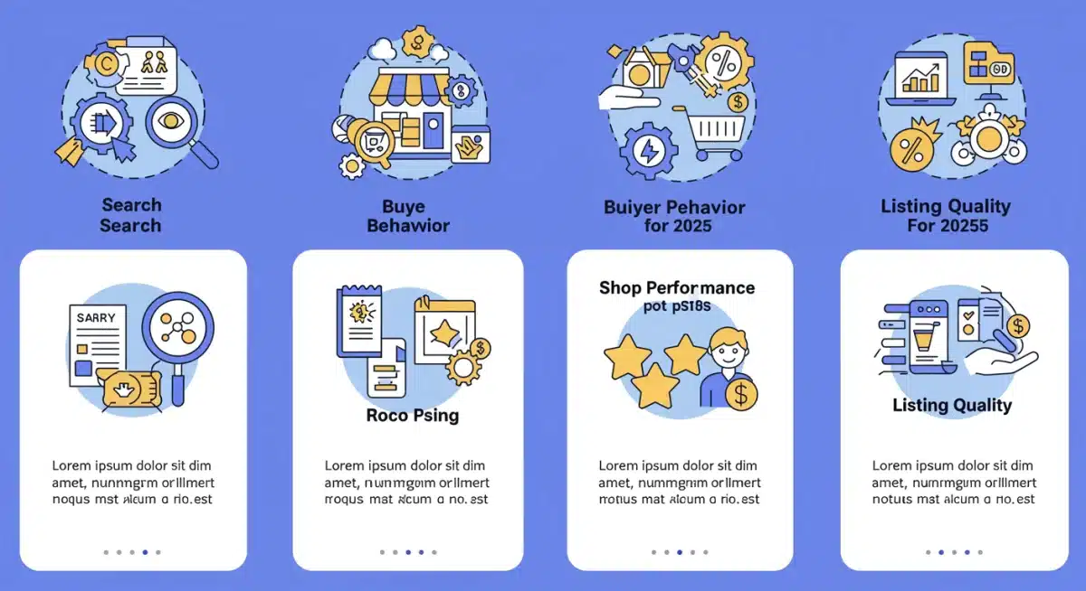 Infographic detailing four new Etsy search ranking factors for 2025 with icons and text