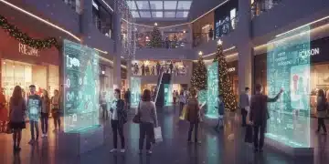 Futuristic shoppers exploring holiday retail trends in a high-tech mall