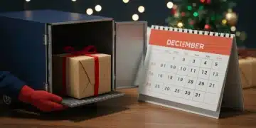 Gift package being loaded onto a delivery truck with a calendar in the background, symbolizing holiday shipping deadlines and timely deliveries.