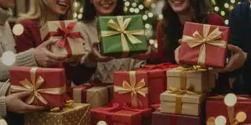 People happily exchanging gifts during the holidays, surrounded by festive decorations, symbolizing successful gift guide strategies.