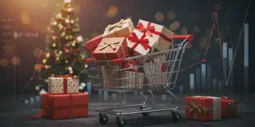 Shopping cart with holiday gifts and inflation charts, symbolizing economic impact on holiday spending.