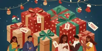 Digital illustration of personalized holiday gift boxes and diverse happy shoppers engaging with online offers.