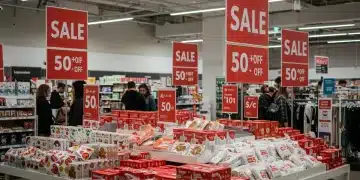 Retail store with 'Sale' signs and customers browsing for post-holiday deals