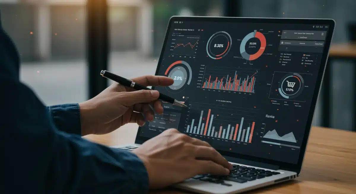 Retailer analyzing e-commerce data on a dashboard for strategic planning.