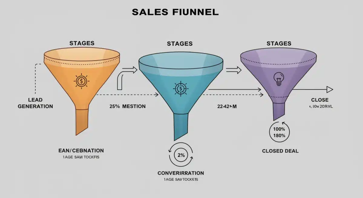 Detailed sales funnel graphic showing lead conversion and progression through various stages.