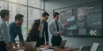 Sales team collaborating on a digital sales enablement dashboard