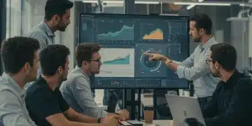 Sales team reviewing data dashboard with coach for performance improvement