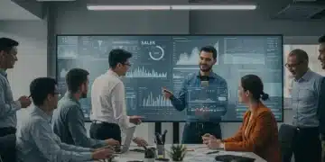 Sales team collaborating around a data dashboard, analyzing performance metrics for future growth.