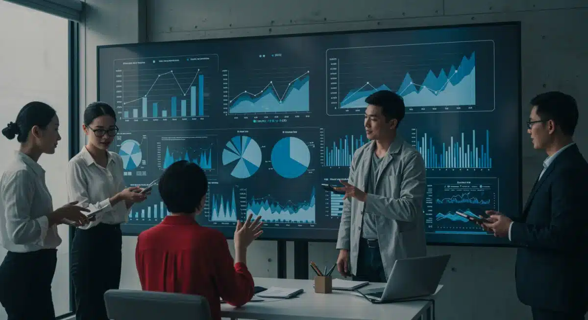 Sales team collaborating on predictive analytics and sales trends