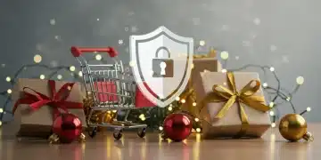 Secure e-commerce shopping cart with shield for holiday fraud prevention