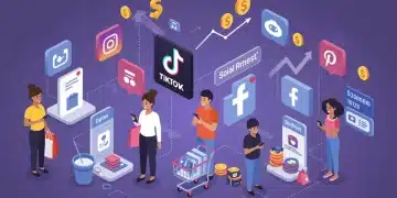 Social commerce platforms integrating shopping, with consumers engaging and financial growth symbols.