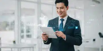 Strategic business professional analyzing sales growth on a tablet