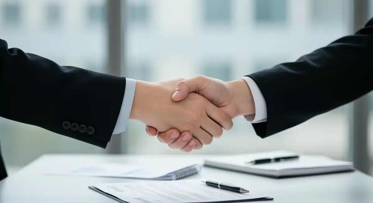Two business people shaking hands over a signed contract, symbolizing a successful B2B negotiation.