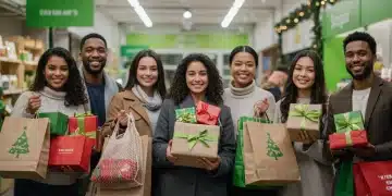Shoppers with reusable bags celebrating sustainable holiday shopping in a festive, eco-friendly environment.