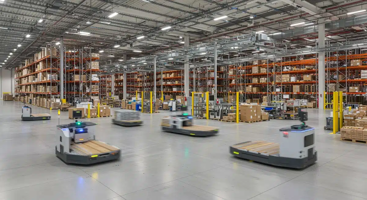 Automated guided vehicles optimizing inventory movement in a bustling retail warehouse.