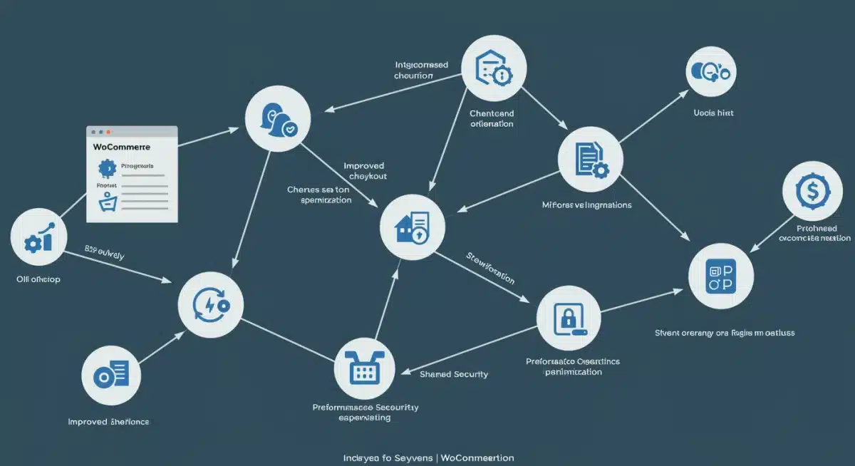 Infographic detailing interconnected features of WooCommerce 8.0 update.