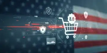 WooCommerce 8.0 update logo with secure shopping cart and data flow for US stores.